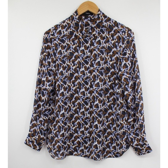 Theory Silk Shirt‎ Womens Small Classic Straight Button Up Shirt Blue Brown - Picture 1 of 9